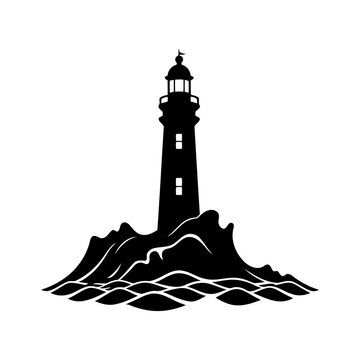 Silhouette of classic lighthouse on rocky shore with ocean waves at dusk