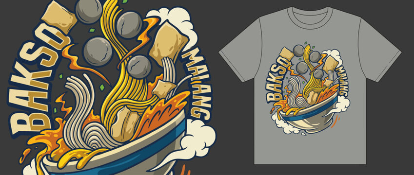 An eye-catching design featuring a bowl of Bakso Malang, capturing the essence of Indonesian cuisine with an explosion of flavors and artistic presentation in vibrant colors.