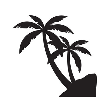 Tropical palm tree silhouette bending in wind against clear sky background