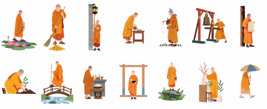 Flat vector illustration set of Buddhist monks in orange robes performing various daily spiritual and mindful activities in a monastery temple setting.