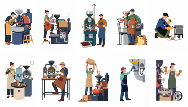 Collection of professional coffee roasters working with industrial roasting machines and equipment in various stages of the coffee bean roasting process.