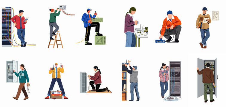 Flat illustration set of diverse network engineers and IT technicians performing maintenance and setup on server racks and networking equipment.