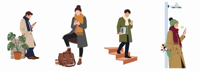 Set of four flat illustrations featuring urban people in stylish winter coats using smartphones while walking and standing in city environments.