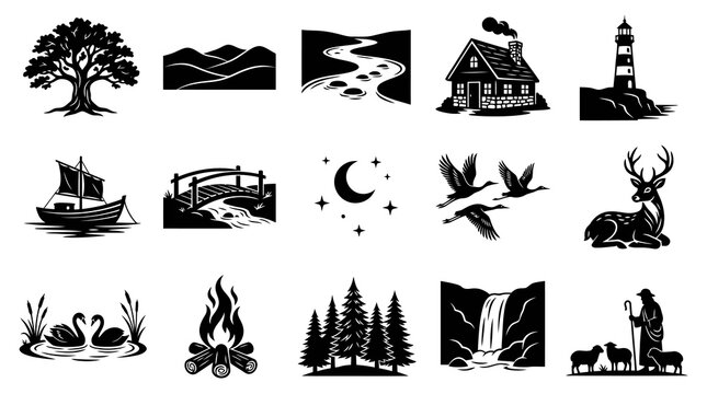 Black  White Nature Icons: Tree, Hills, River, House, Lighthouse, Boat, Bridge, Moon, Birds, Deer, Swans, Fire, Forest, Waterfall, Shepherd