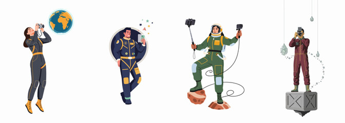 Vector illustration set of astronauts and space tourists taking photos and recording videos with cameras and phones in various cosmic settings. © Isabella