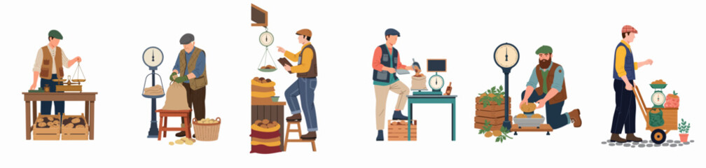 Fototapeta premium Set of flat vector illustrations of farmers and merchants weighing potato harvests in sacks and crates using different scales, isolated on white background.