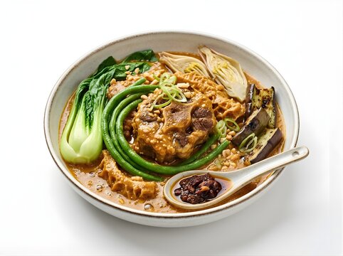 Rich braised oxtail stew in ceramic bowl with bok choy, long beans, grilled eggplant, savory sauce, gourmet asian fusion dish