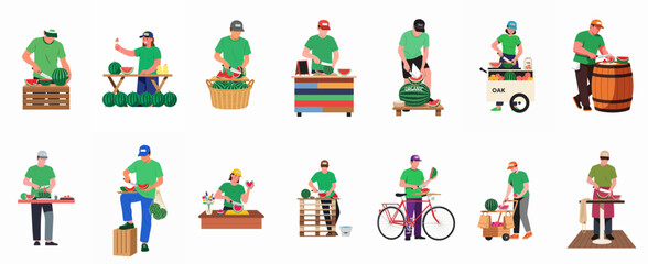 Naklejka premium A collection of flat vector illustrations depicting people selling and cutting fresh watermelons at various market stalls, street carts, and outdoor stands.