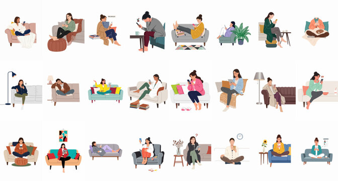 Collection of flat illustrations showing young women relaxing at home on sofas and armchairs while using smartphones and digital tablets.