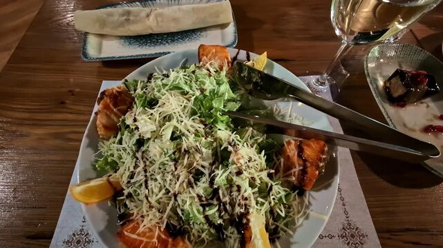 Plate Of Caesar Salad Garnished With Balsamic Glaze And Parmesan Cheese At Georgian Restaurant. - high angle shot