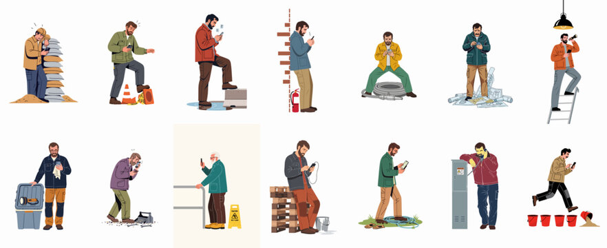 Illustration set depicting various manual workers distracted by smartphones and mobile devices while ignoring workplace safety hazards and duties.