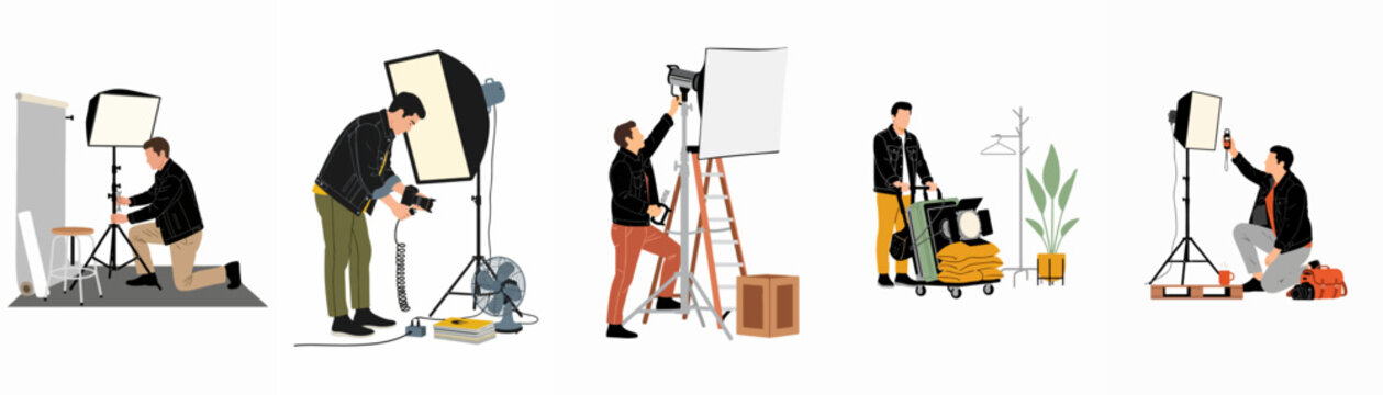 Professional Photographer and Assistant Working in Studio Illustration Set