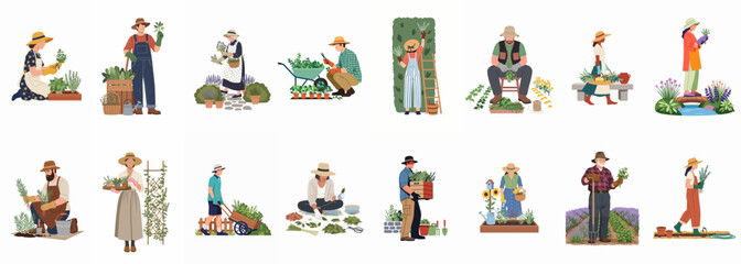 Naklejka premium Comprehensive set of flat vector illustrations featuring diverse people engaged in gardening, harvesting herbs, and maintaining lush home gardens and fields.