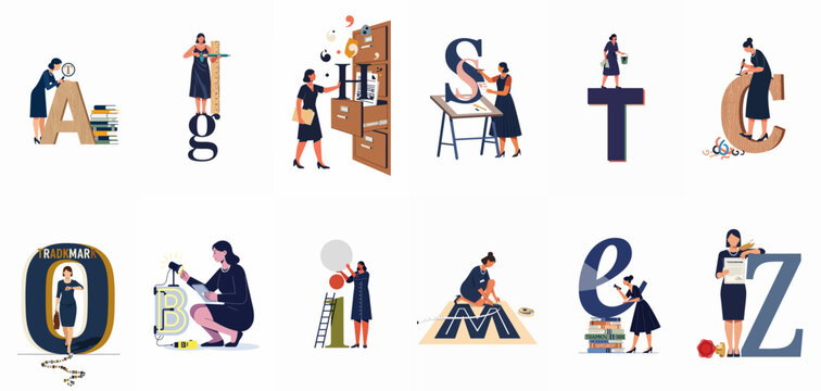 Set of flat vector illustrations featuring women working with large letters, symbolizing typography, branding, and the creative process of graphic design.
