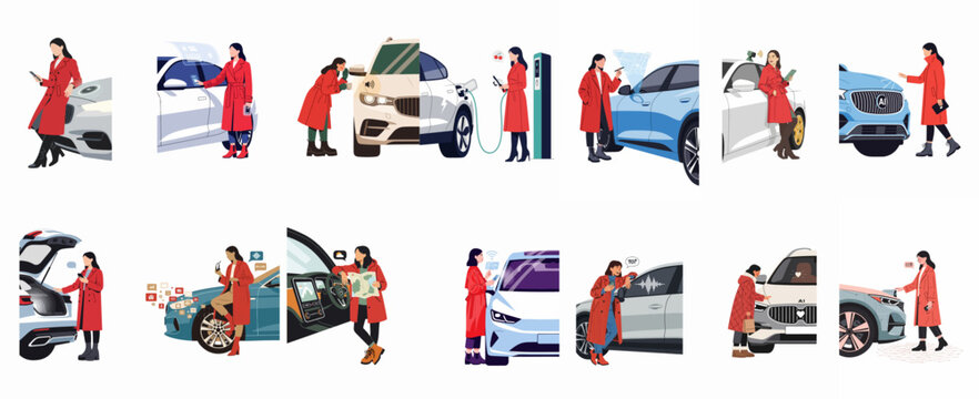 Flat vector illustrations showing a woman using smart technology with electric vehicles, including remote unlocking, EV charging, AI navigation, and mobile app connectivity.