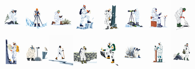 Set of illustrations depicting researchers and explorers in winter camouflage gear performing various scientific tasks and wildlife observations in a cold arctic environment. © Telu