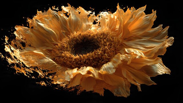 A close-up, dramatic shot of a sunflower with its petals disintegrating into a golden powder against a black background.