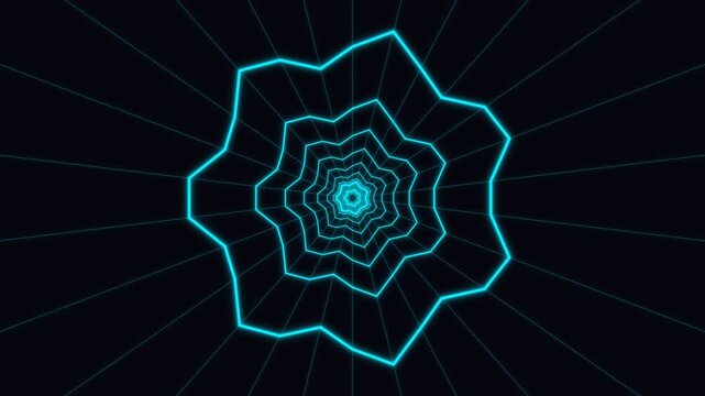 Glowing cyan neon wireframe tunnel morphs through geometric shapes in a dark digital space. Ideal for retro sci fi, cyberpunk, and technology concepts