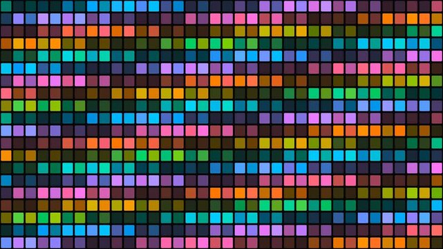 Abstract retro digital background with colorful flashing pixel tiles in a grid pattern. Ideal for technology themes and music visualizers