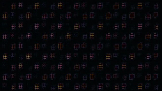 A dark high tech background featuring a grid of small square pixels that light up in vibrant neon colors, creating an abstract data visualization or retro gaming aesthetic