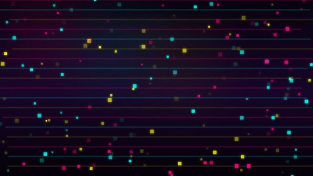 A retro futuristic digital background featuring neon pixel squares glowing along horizontal grid lines, perfect for tech or gaming concepts