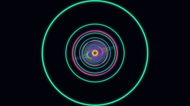 Vibrant multi colored neon circles form a futuristic tunnel vortex on a dark background. Ideal for retro synthwave, sci fi, and music visualizer projects