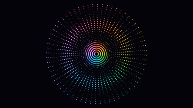 Vibrant neon circular equalizer with rotating rainbow spectrum and pulsating dotted rings on a dark background, perfect for music videos and modern tech designs