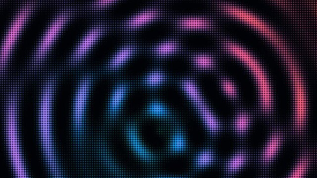 Vibrant digital background featuring a halftone dot pattern shifting through neon colors in a circular ripple effect. Ideal for modern tech designs