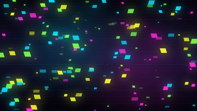 Retro synthwave animation of glowing multicolored neon rectangular particles falling over a dark grid background. Perfect for creative VJ backgrounds