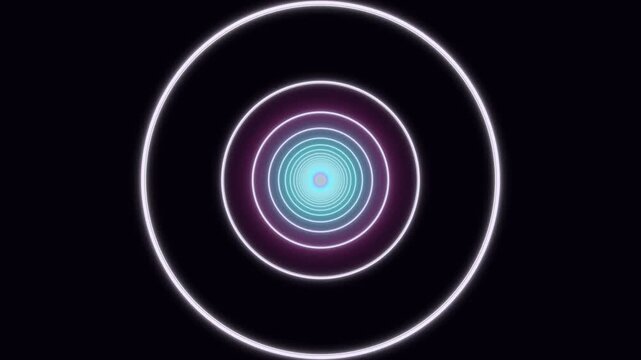 Circles of light expand and contract in a dark setting. The colors transition from bright blue at the center to deep purple at the edges. The movement creates a dynamic visual experience