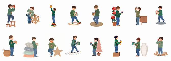 A comprehensive set of illustrations featuring a young boy in a green reindeer sweater celebrating Christmas with gifts, decorations, and festive poses. © Telu