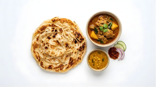 traditional south indian meal with layered flaky parotta bread served alongside spicy chicken curry and flavorful lentil dal