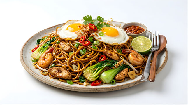 stir fried mee goreng noodles with shrimp bok choy and sunny side up eggs on ceramic plate for asian food menu