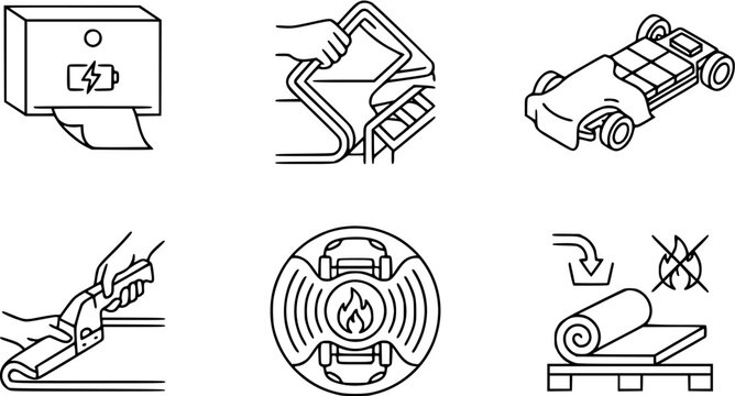 Automotive Manufacturing, Electric Vehicle Production, and Material Processing Line Art Icons Set for Industrial Technology