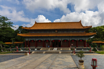 Fototapeta premium Visitors at New Yuanming Palace of Zhuhai City of Guangdong, a rebuilt of famous imperial park