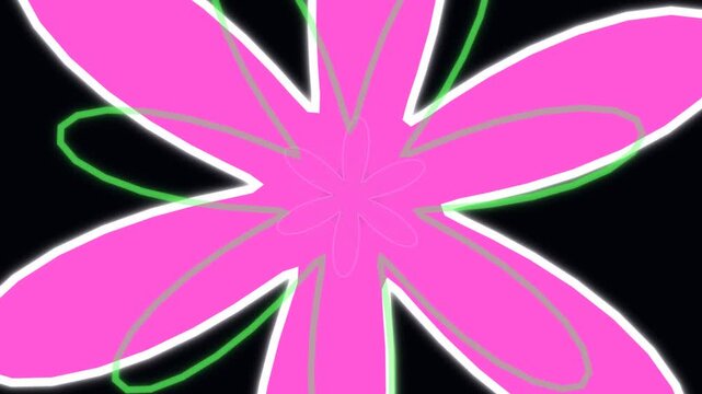 A bright pink flower shape is drawn with a green outline against a black background. The design features multiple petals and a simple structure, creating a bold visual effect