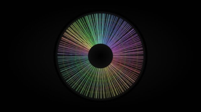Colorful lines extend outward from a middle circle on a dark background. The design creates a vibrant and dynamic visual effect, capturing attention with its movement and color