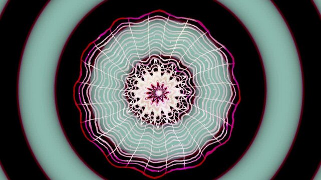 An abstract mandala with intricate patterns radiating from the center, surrounded by circular shapes. Bright colors make the design vibrant and engaging