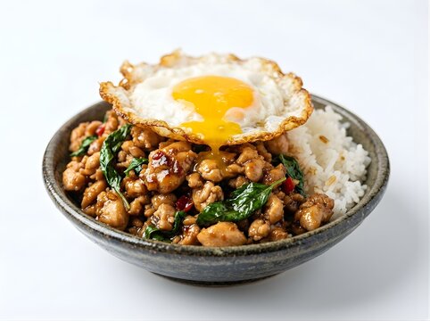 Thai stir fried basil chicken with minced meat and sunny side up egg on steamed rice served in rustic ceramic bowl