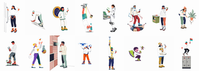 Fototapeta premium Flat vector illustration set of characters in futuristic white suits performing various activities related to space exploration, technology, and science.
