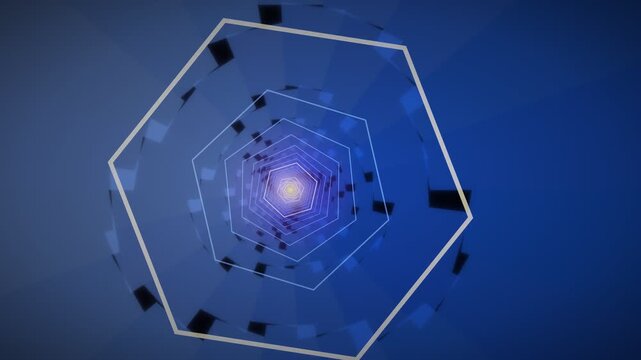 A hexagonal tunnel appears with a blue pattern moving toward the center. Lines and shapes shift as the viewer s perspective changes, creating a sense of depth and motion