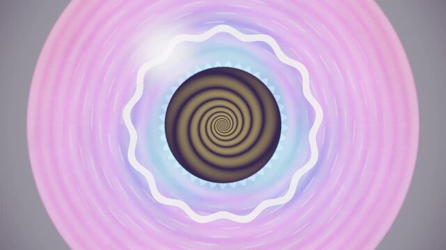 A spiraling pattern with a mix of pink and blue colors. The design features a central swirl and radiates outward, creating captivating motion and depth