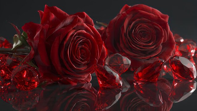 Two deep red roses with sparkling red gemstones on a reflective dark surface.
