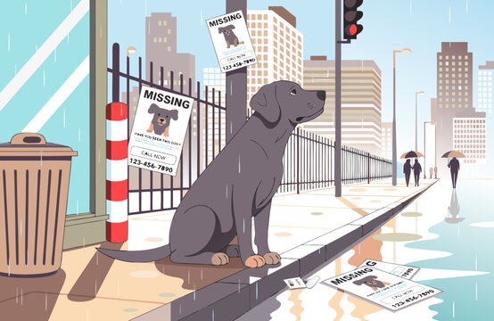 Gray dog sitting alone on a city street near a trash can, rain falling, missing pet posters visible on a fence in an urban environment, cinematic emotional composition, loneliness concept