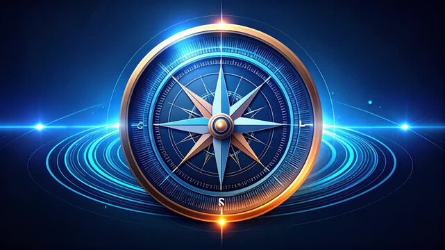 A glowing gold and blue compass illustration with star-shaped pointer