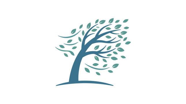 Stylized illustration of a tree bending in the wind with scattered leaves.