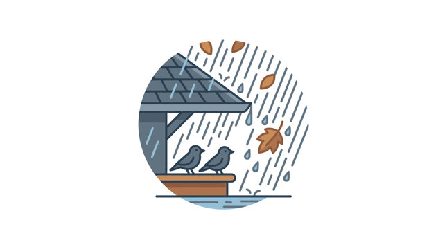Two small birds perched together under a roof during a rainy autumn day.