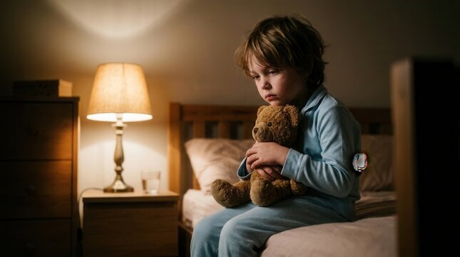 Sad Child Clutches Teddy Bear In Dimly Lit Bedroom At Night