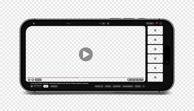 Video player template with side playlist night dark mode for web and mobile apps on smartphone screen display isolated on transparent background. Vector illustration