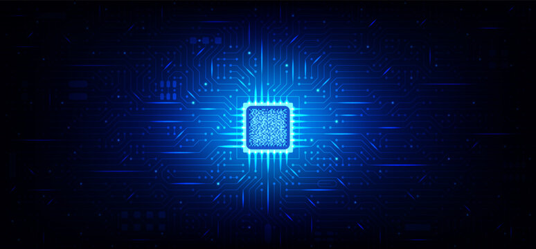 Blue style semiconductor chip with circuit lines microchip network abstract. Digital semiconductor AI processor concept bg. IT motherboard modern background with electronic connections. Vector